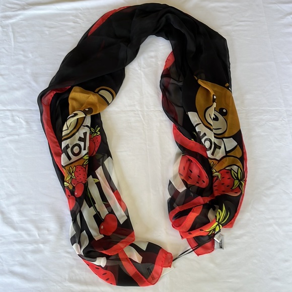 Moschino Silk Bear Strawberry Scarf 70”x180” Red and Black - Picture 2 of 7